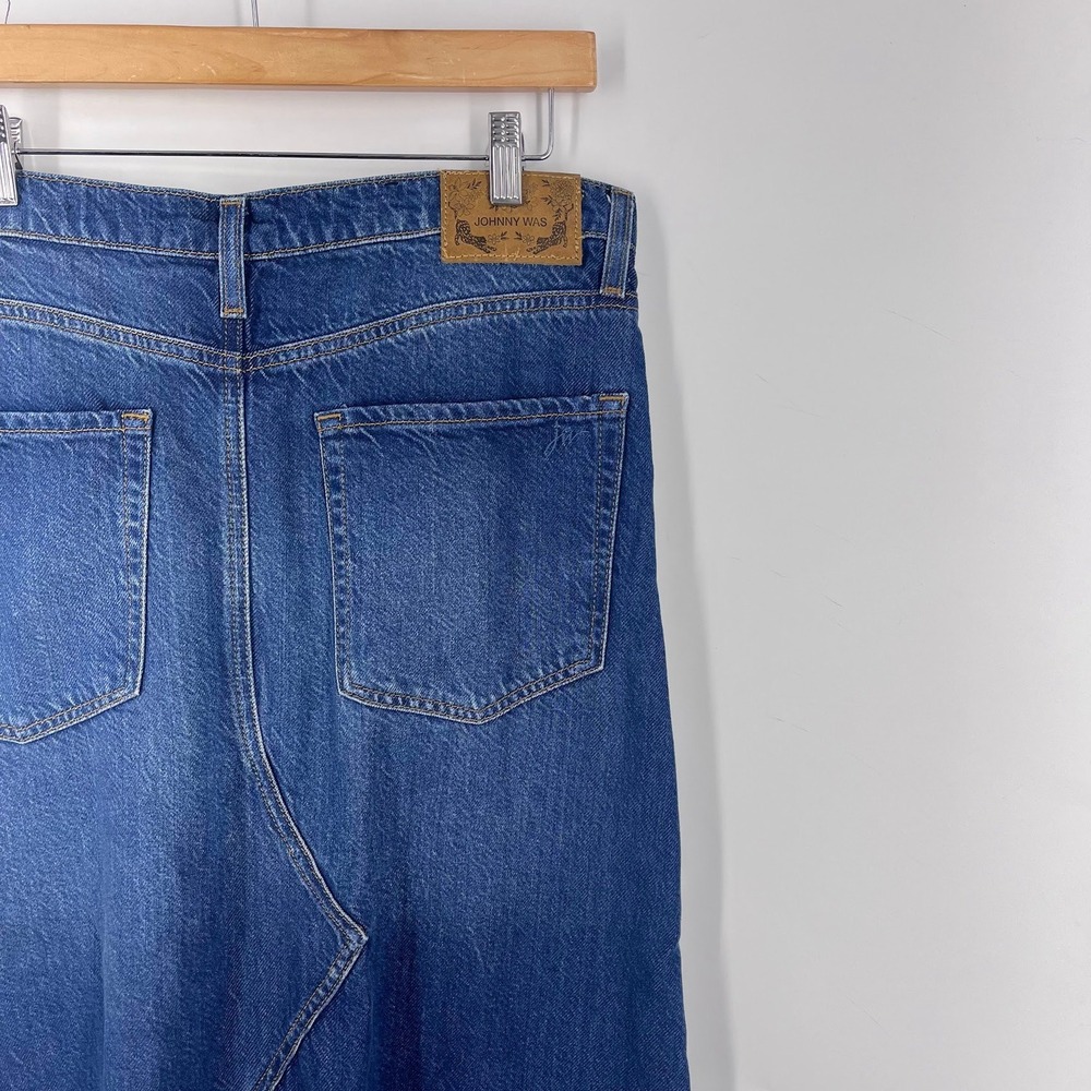 Johnny Was Vienna Maxi Skirt Blue Denim Raw Hem Back Slit Size 30 Womens - Picture 5 of 14